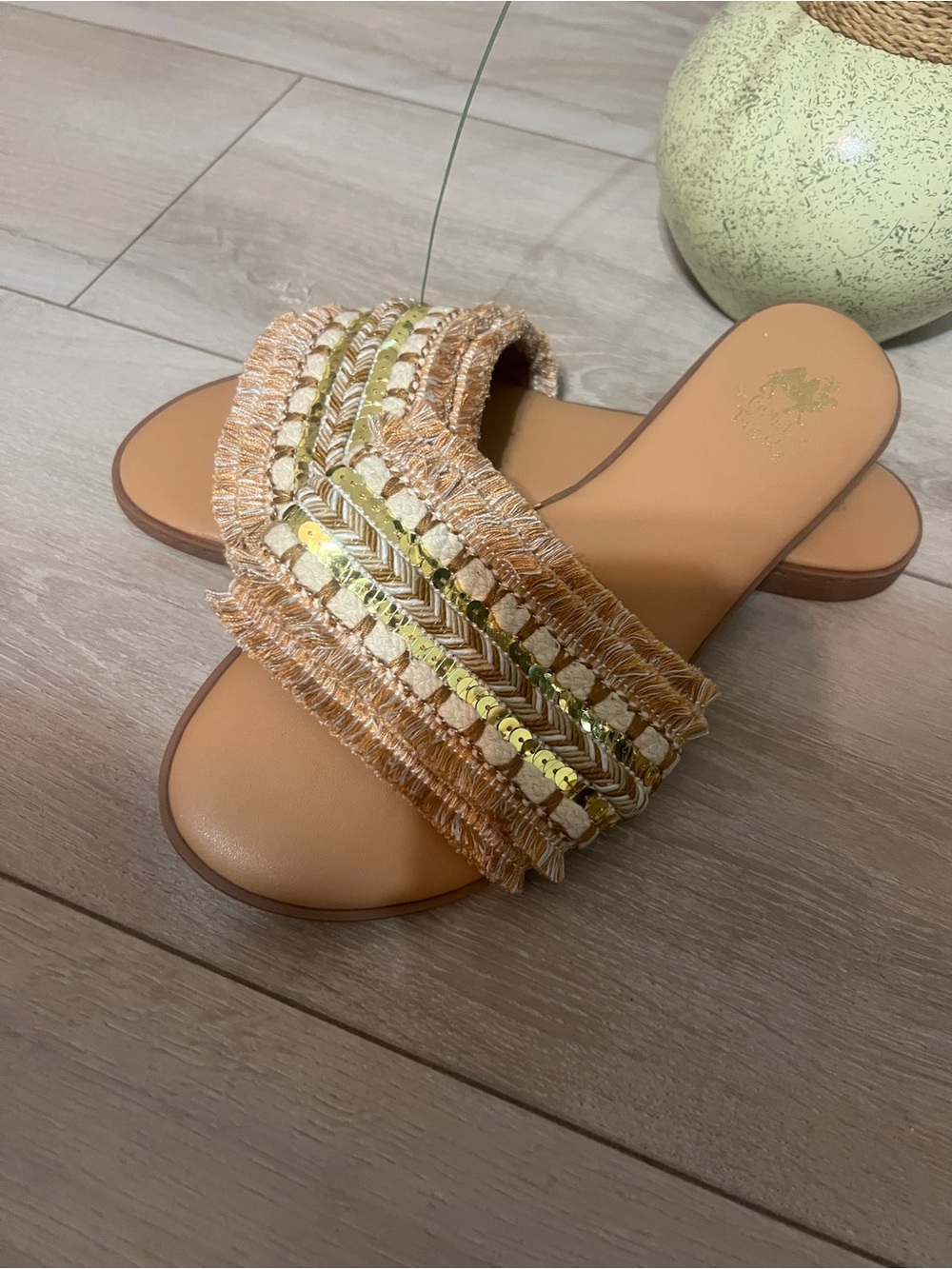 Fringed Slide Sandals with Gold Sequin Detailing in Tan 🐫🧵